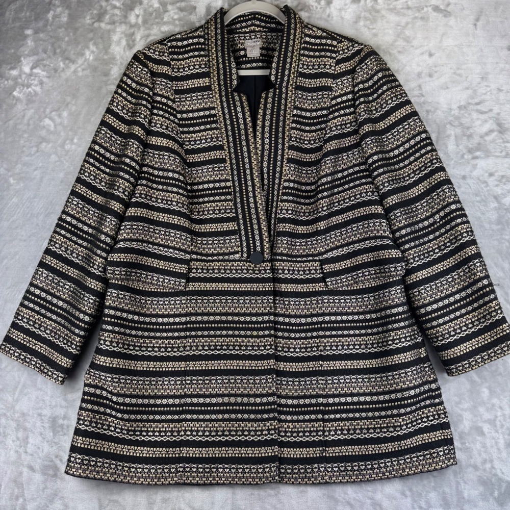 Chico's Geometric Metallic Blazer Womens 3‎ Black Gold Embellished Jacket (1426)